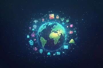 Naklejka premium A glowing digital globe surrounded by colorful icons representing a global network of interconnected devices and technology.
