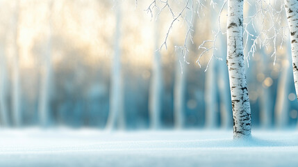 serene snowy forest with tall birch trees, softly illuminated by sunlight, creating tranquil winter atmosphere