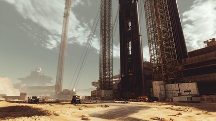 Colossal Megascale Space Elevator Construction Site Amidst Grandeur of Futuristic Engineering