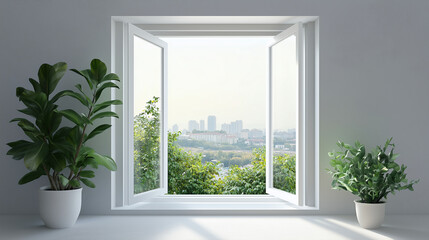 open window with minimal framing allowing for maximum light entry and overlooking a peaceful garden and cityscape