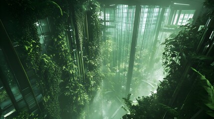 Fototapeta premium Lush Vertical Greenhouse Complex Providing Fresh Produce and Sustainable Climate Control for Bustling City
