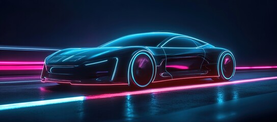 Naklejka premium Futuristic sports car glowing in neon light on a dark road.
