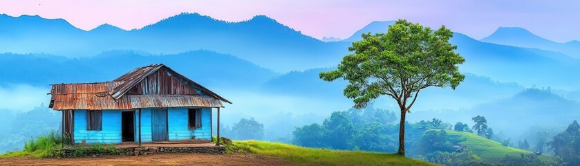 Obraz premium Abandoned village in misty hills, faded colors, calm and haunting beauty, nostalgic mood