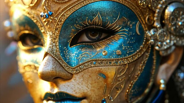 Close-up of a shimmering gold and blue masquerade mask with glittering accents 