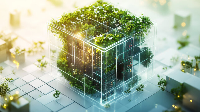 Illustration of a server blades cube with green nature over it representing the possibility of green ecological technology