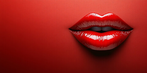 Obraz premium Red lips banner background with beautiful female lips macro view with lipstick and gloss makeup and red color backdrop with copy space