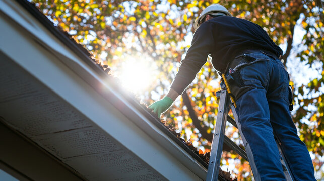 Maintenance man worker cleaning rain gutter on house roof removing debris and leaves on bright daylight