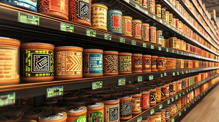Explore the vibrant variety of colorful canned goods on grocery store shelves