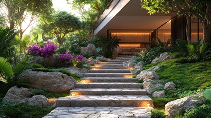 Obraz premium Outdoor staircase leading up to a luxury villa with stone steps and greenery.