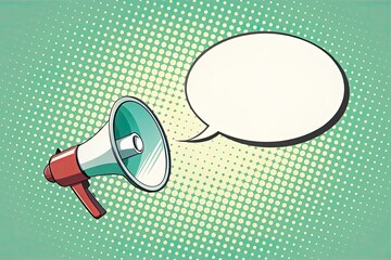 Halftone Landscape with Megaphone and Speech Bubble in Minimalist Style for Modern Communication and Art Enthusiasts