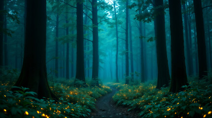 Obraz premium Enchanted Forest Path Illuminated by Dancing Fireflies in Mystical Night Atmosphere
