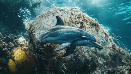 Naklejka premium A dolphin swims through a tangled net, highlighting the danger of ocean pollution.