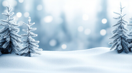 Softly blurred scene of snowy forest with tall evergreen trees, creating serene winter atmosphere. gentle snowfall adds magical touch to landscape