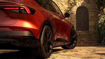 A close-up view of a sleek red vehicle parked near a rustic stone building.
