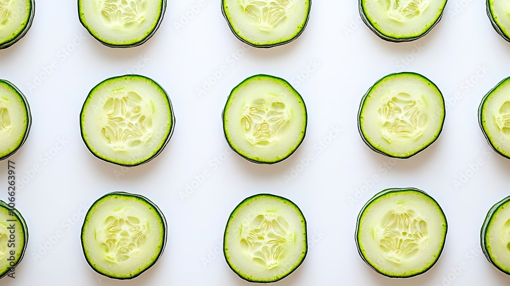 Poster freshly sliced cucumbers arranged neatly on a white background generative ai