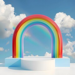 A colorful rainbow arch against a bright sky with fluffy clouds, symbolizing joy and positivity.