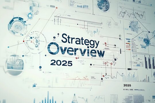 A visually complex design featuring a "Strategy Overview 2025" title with data visualizations and diagrams, representing future planning and analytics.