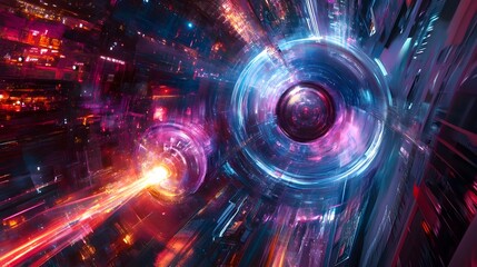 Obraz premium Quantum Teleportation Security Station for Instantaneous Matter Transport in Dystopian Cityscape