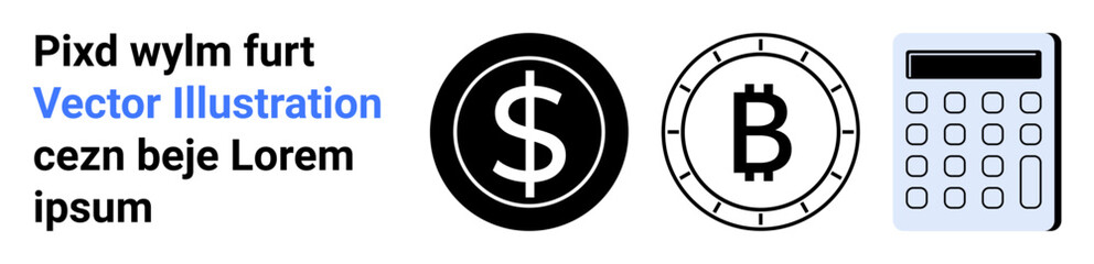 Obraz premium Dollar symbol, Bitcoin icon, calculator, and text on a light background. Ideal for finance, cryptocurrency, accounting, investment, banking, budgeting, educational resources Landing page