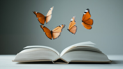 A levitating book with pages transforming into butterflies