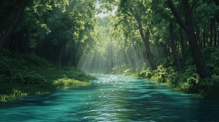 Fototapeta premium Serene River Flowing Through a Lush Green Forest - made with Generative AI