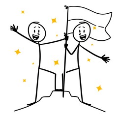 two people standing on the peak waving a flag