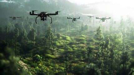 Fototapeta premium Autonomous Drone Swarm Restoring Verdant Landscape After Wildfire Damage