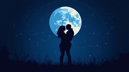 couple sharing tender moment under full moon, surrounded by stars, creating romantic atmosphere