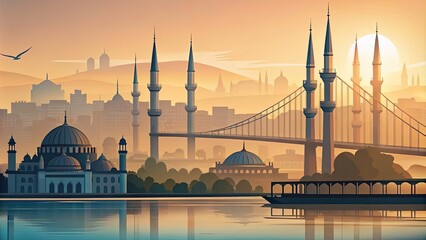Naklejka premium Minimalist Istanbul Skyline Illustration Featuring Blue Mosque and Bosphorus Bridge Silhouette in Pastel Colors for Modern Decor