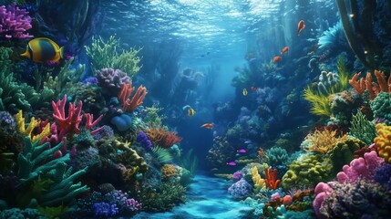 Fototapeta premium Underwater Coral Garden with Diverse Marine Life and Sun Rays - made with Generative AI