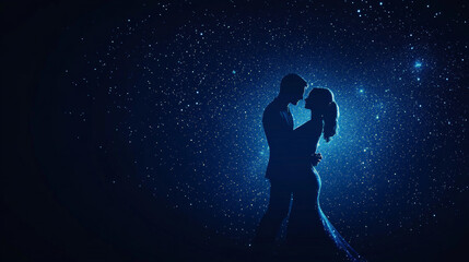 Naklejka premium couple slow dancing under stars, creating romantic atmosphere with beautiful silhouette against starry night sky