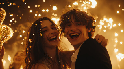 Group of friends celebrating joyful occasion with laughter and fireworks, creating festive atmosphere filled with happiness and excitement