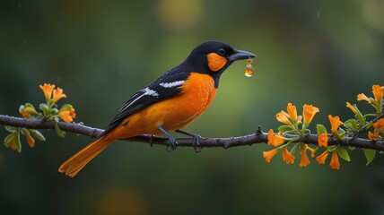 Naklejka premium The brightly colored Baltimore Oriole perches on a tree branch, its orange and black feathers contrasting against the lush green foliage. Its bright markings and colors make it a striking sight.