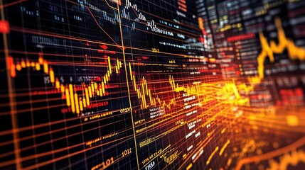 64.A dynamic visualization of various financial charts and graphs layered together, showcasing market volatility and economic performance trends. A glowing grid in the background supports the