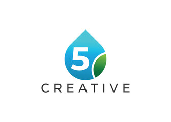 Creative and innovative number five and drop leaf logo design. Eco drop logo