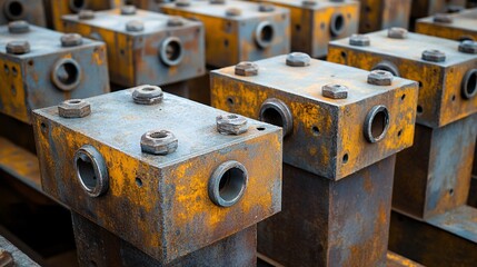 39.A large pile of hot-dip galvanized steel beams arranged in parallel, displaying their shiny, corrosion-resistant surfaces. Each steel member is uniformly cut, with bolts and connection points in