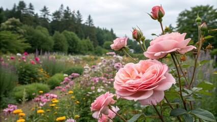 Soft pink roses bloom in a garden filled with lush greenery and vibrant wildflowers, creating a stunning floral arrangement., blooming flowers, wildflowers