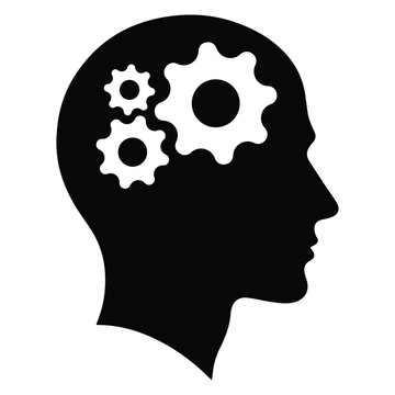 Vector icon representing Critical thinking and intelligent problem solving skills. Gears cogs in head. Human, man head silhouette. Symbol for apps and websites.