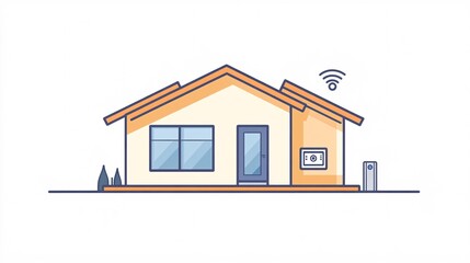 86.A minimalistic flat illustration of a small smart home with sleek lines and rounded corners. The house features subtle icons of Wi-Fi signals and a digital thermostat, symbolizing a connected and