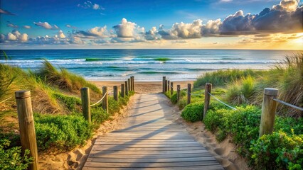 Pathway leading to beach at ocean shore, pathway, beach, ocean, shore, sand, water, waves, serene, tranquil, peaceful