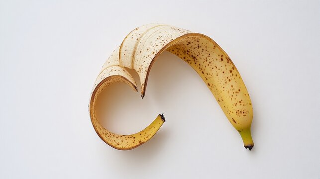 27.A partially curled banana peel, just beginning to ripen, placed on a clean white background. The subtle brown speckles on the yellow skin indicate the ripening process, adding a sense of realism