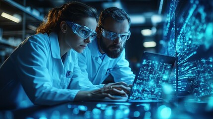Two scientists in lab coats work on a laptop computer in a futuristic lab setting.