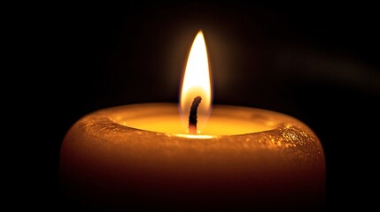 92.A close-up shot of a single candle flame flickering gently against a dark, black background. The golden-yellow flame casts a soft glow, with delicate details of the melting wax visible at the base