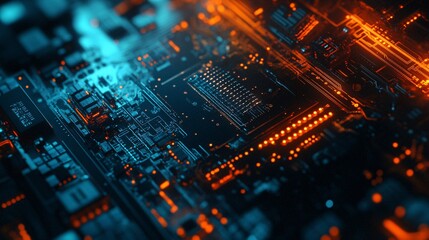 Obraz premium 33.A sleek, metallic surface with glowing circuits and microchips embedded into it, illuminated by a cool blue light. The background fades into a dark space with hints of energy pulses and abstract