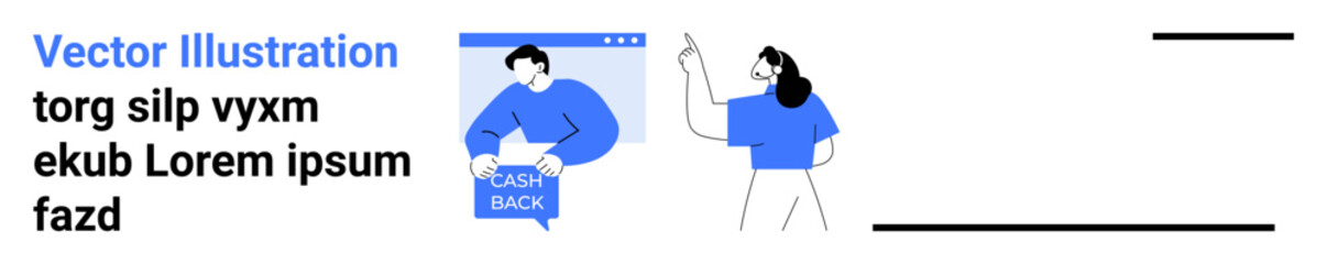 Characters interacting online with a screen showing CASH BACK and engaging in return process. Ideal for websites, customer service, e-commerce, app interfaces, blogs, marketing, presentations