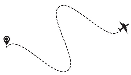 icon illustration airplane flying and dotted line curve. map marker location pin. transparent background with png