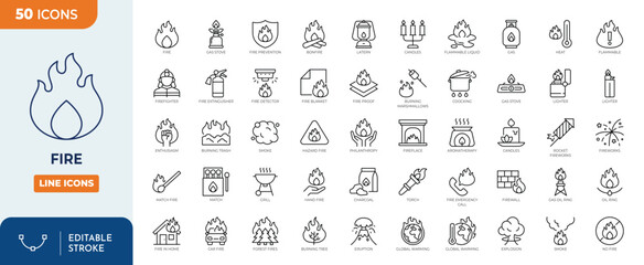 Fire icon set. Containing burning, flame, campfire, gas stove, lighter, match, smoke, firefighter and more. Outline Icon Collection. Vector illustration. Editable stroke	