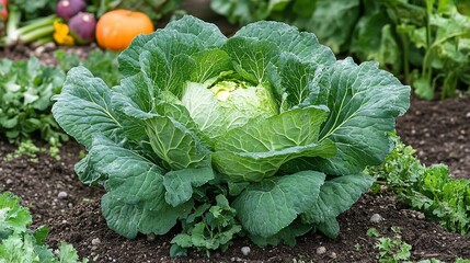 Naklejka premium 112.A thriving cabbage plant with deep green, textured leaves growing in a well-tended organic garden. The plant is surrounded by other vegetables and rich, fertile soil, reflecting the natural,