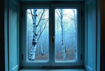 Obraz premium Vintage Window Framing Magical Birch Grove: Peeling White Paint, Time-Worn Elegance, Blue-Hued Forest Scenery, Rustic Chic Decor, Nature-Inspired Wall Art, Peaceful Woodland Vista, Indoor Nature Retre