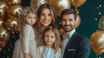 Family in evening dresses against the background of golden balloons close up, created with Generative AI technology